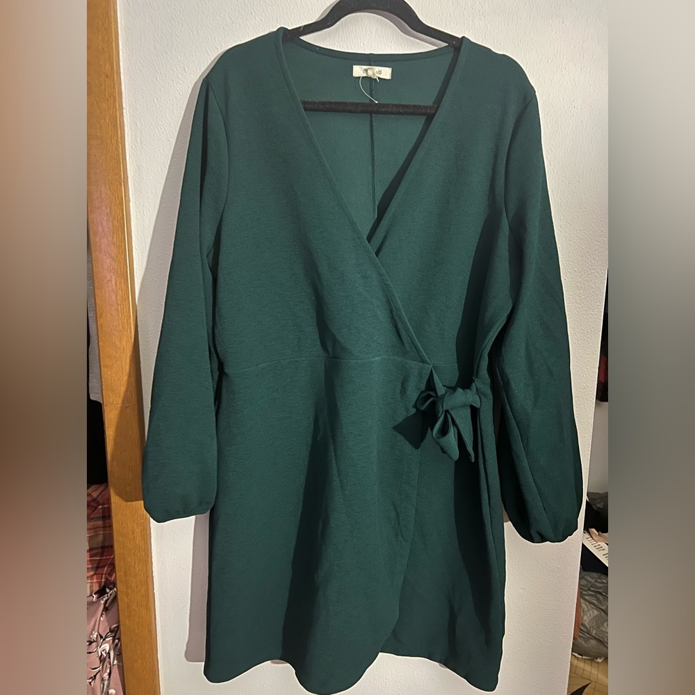 Madewell Deep Green Wrap Dress with Long Sleeves